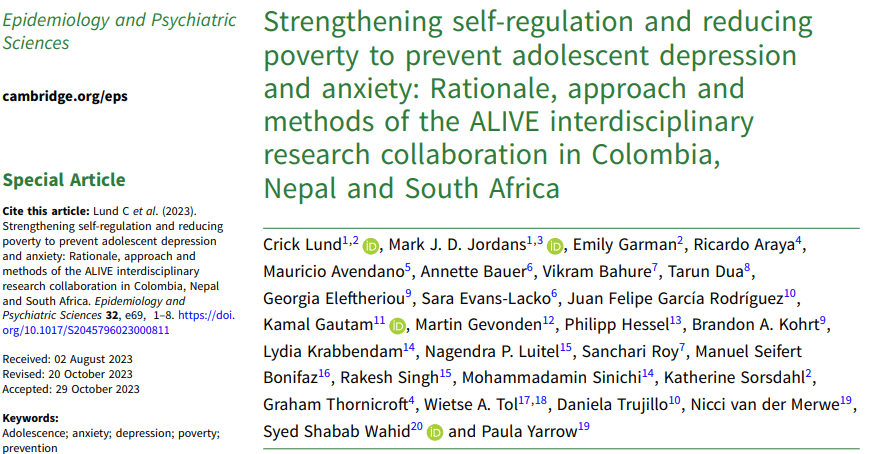 Strengthening self-regulation and reducing poverty to prevent adolescent depression and anxiety: Rationale, approach and methods of the ALIVE interdisciplinary research collaboration in Colombia, Nepal and South Africa