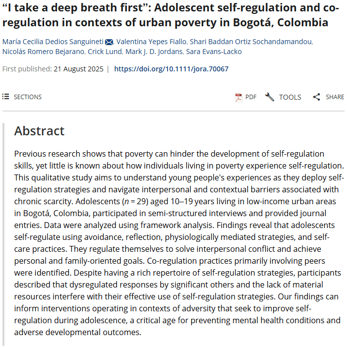 “I take a deep breath first”: Adolescent self-regulation and co-regulation in contexts of urban poverty in Bogotá, Colombia