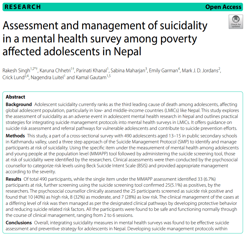Assessment and management of suicidality in a mental health survey among poverty affected adolescents in Nepal