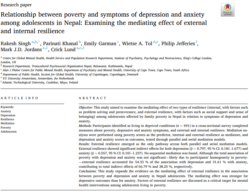 Relationship between poverty and symptoms of depression and anxiety among adolescents in Nepal: Examining the mediating effect of external and internal resilience  