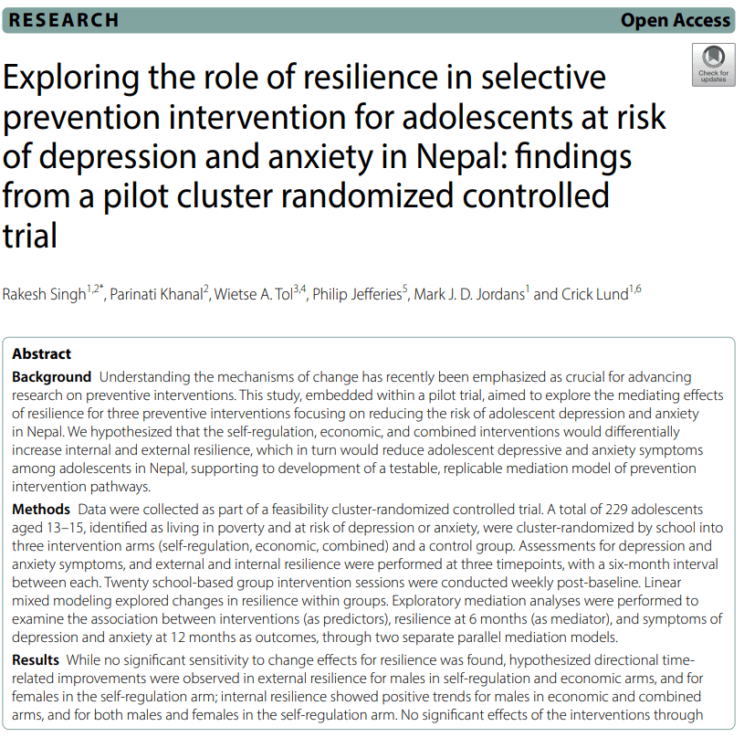 Exploring the role of resilience in selective prevention intervention for adolescents at risk of depression and anxiety in Nepal: findings from a pilot cluster randomized controlled trial