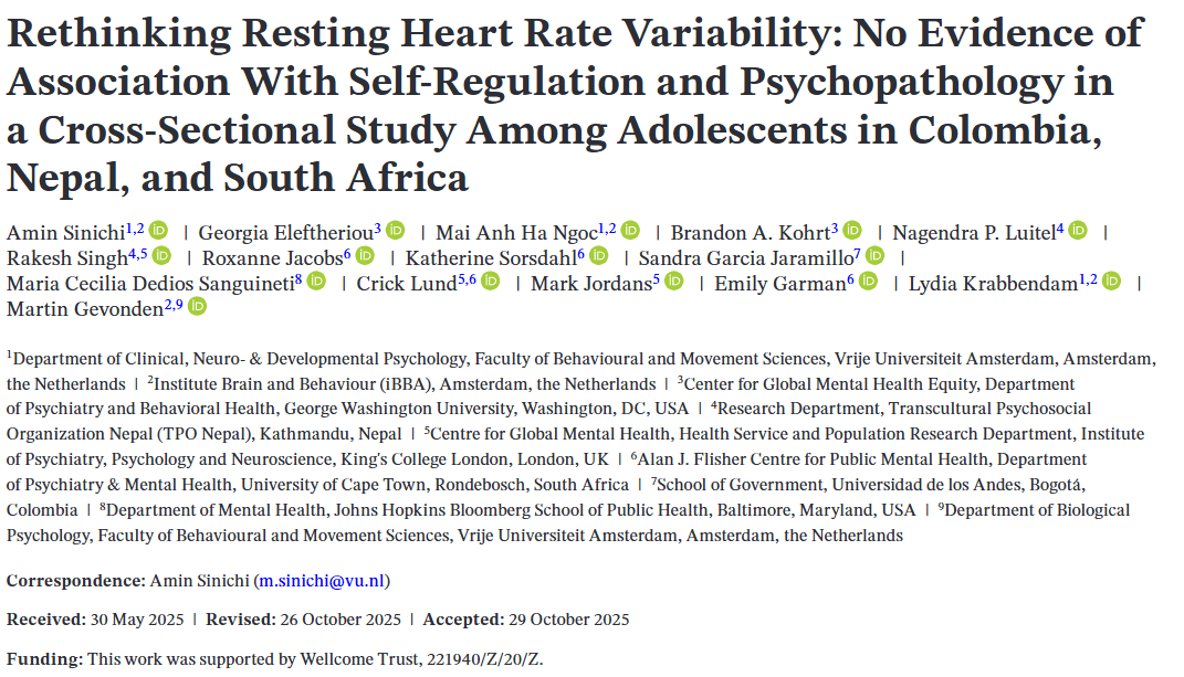 Rethinking Resting Heart Rate Variability: No Evidence of Association With Self-Regulation and Psychopathology in a Cross-Sectional Study Among Adolescents in Colombia, Nepal, and South Africa